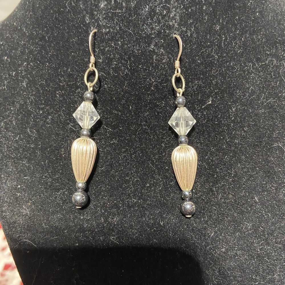 Silver Tone and Black Beaded, Pierced Earrings.